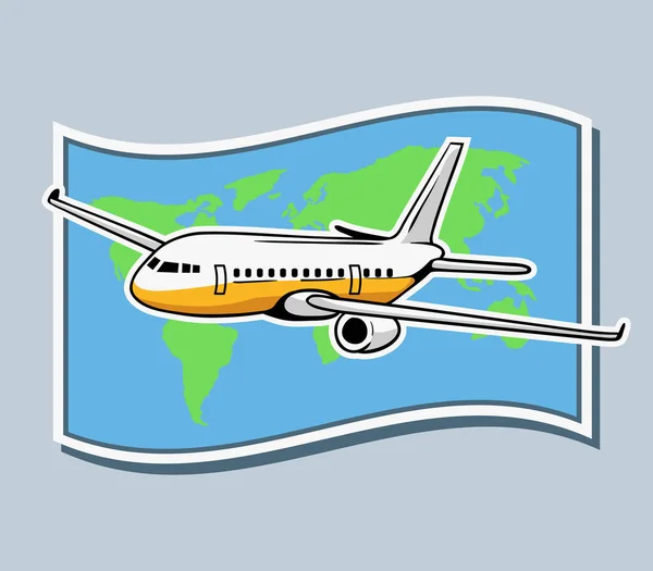 Ilustración Vectorial Del Avión Que Vuela Través Del Mapa Mundial — Vector de stock