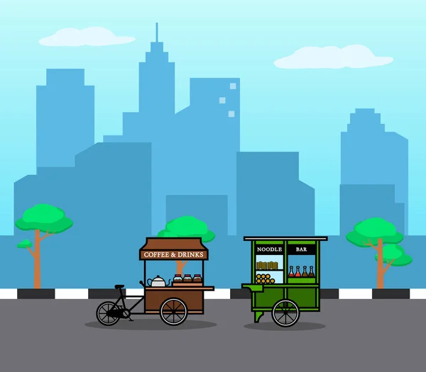 Káva Nudle Cyklistické Stánků Městě — Stockový vektor