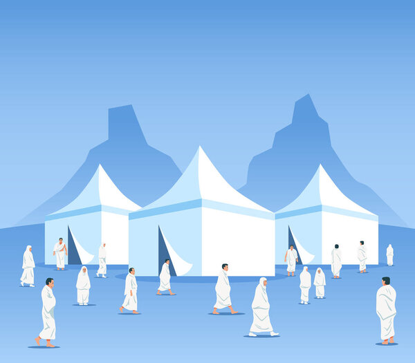 Muslim pilgrims at Mina tents area. One of Islam's sacred pilgrimage route. Suitable for info graphic. 