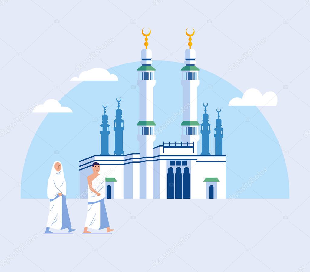 Couple Hajj Pilgrimage Walk To Great Mosque Of Mecca