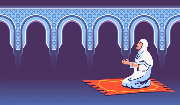 Feminino muçulmano sentar e rezar na porta da mesquita decorativa —  Vetores de Stock
