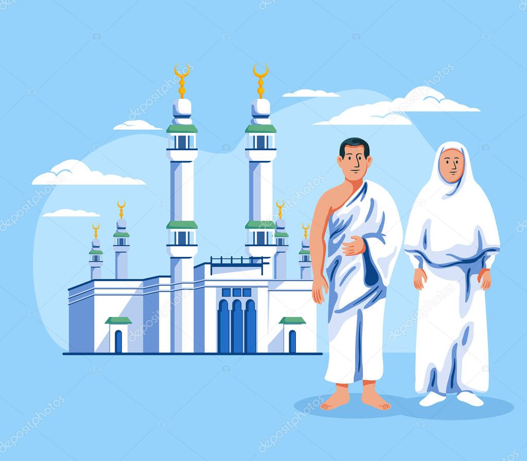 Male And Female Hajj Pilgrim In Front Of Great Mosque