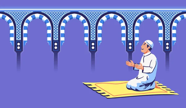 男性モスレムは、装飾的なモスクの門で座って祈る — ストックベクタ