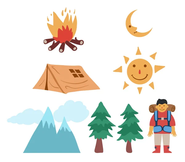 Drawing Of Mountain Camping Graphic Set — Stock Vector