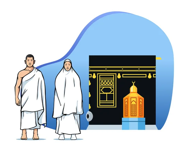 Couple Hajj zarándokok Maqam Ibrahim és Kaaba előtt — Stock Vector