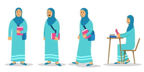 Gadis Muslim College Pelajar Flat Karakter Set - Stok Vektor