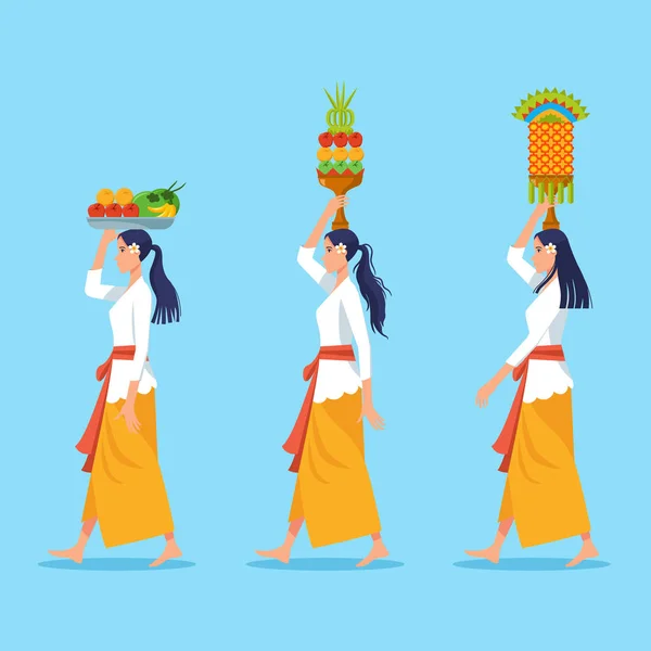 Περπάτημα Μπαλί γυναίκες μεταφέρουν προσφορές για τελετουργικό καθαρισμού — Διανυσματικό Αρχείο