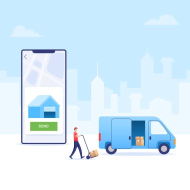 Elektronik ticaret başvurusu yoluyla alıcının evine sipariş edilen malları taşıyan kurye..