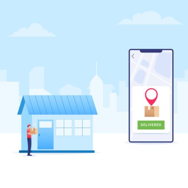 Kurye, alıcının evine elektronik ticaret başvurusu yoluyla sipariş edilen malları teslim etti..