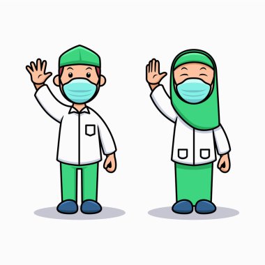 Salgın sırasında Müslüman çocuklar için okul illüstrasyon teması. Ayrı gruptaki tüm grafik ögeler. Bu karakterlerin yüz maskesi arkasında gülümsemeleri var..