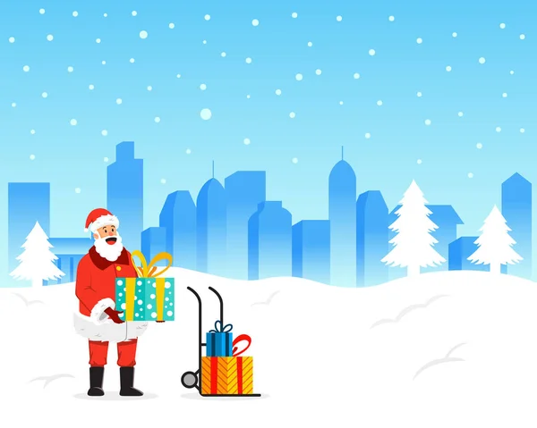 Weihnachtsmann Bringt Geschenkbox Ans Ziel — Stockvektor