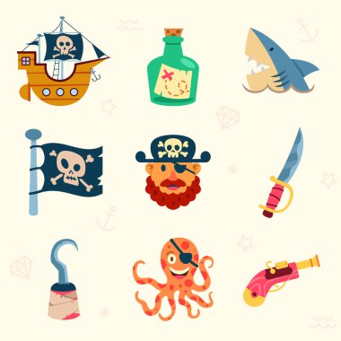 Çizgi film deniz korsan temalı nesne koleksiyonu.