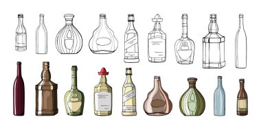 Renk ve anahat elle boyanmış şişe kümesi. şarap, şampanya, ROM, brendi, votka, bira, brendi, viski, tekila. siyah arka plan üzerine izole