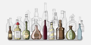 Renk ve anahat elle boyanmış şişe kümesi. şarap, şampanya, ROM, brendi, votka, bira, brendi, viski, tekila. Beyaz arka plan üzerinde izole