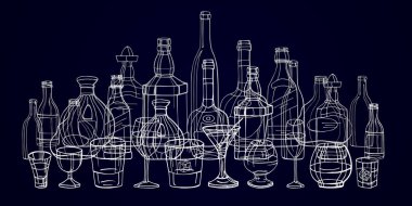 Renk ve anahat elle boyanmış şişe kümesi. şarap, şampanya, ROM, brendi, votka, bira, brendi, viski, tekila. Beyaz arka plan üzerinde izole