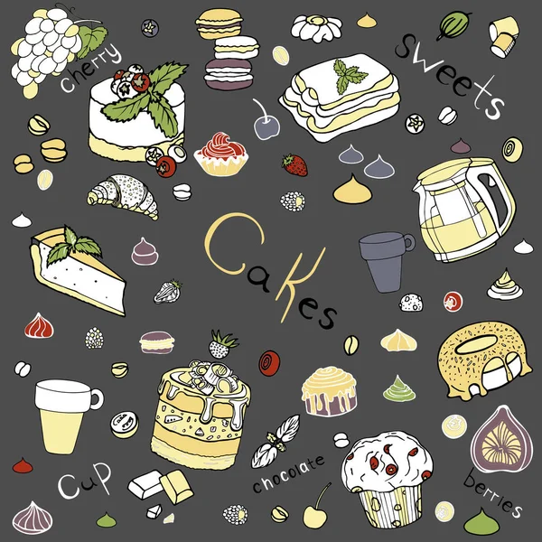 kekler ve tatlılar renkli bir arka plan üzerinde el ile çizilir. kafe ve ristoranov kruvasan, pasta, peynirli kek, bisküvi, çilek, tiramisu.