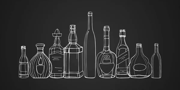 酒吧和餐馆在黑暗的背景上的插图 朗姆酒 龙舌兰酒 葡萄酒 威士忌 伏特加 — 图库矢量图片