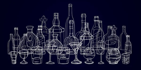 Renk ve anahat elle boyanmış şişe kümesi. şarap, şampanya, ROM, brendi, votka, bira, brendi, viski, tekila. Beyaz arka plan üzerinde izole