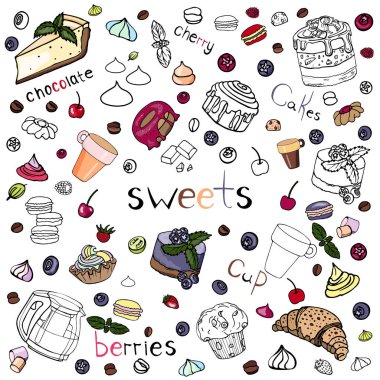 kekler ve tatlılar renkli bir arka plan üzerinde el ile çizilmiş.