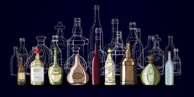 Renk ve anahat elle boyanmış şişe kümesi.