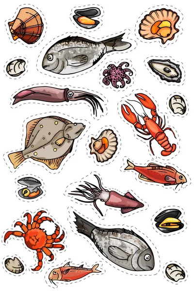 Set of stickers on white background. marine life stickers. — Stock Vector