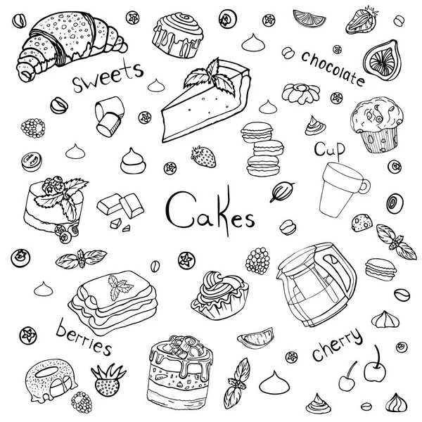 Korichnevoy 'un arka plan beyaz çizgisi üzerinde pastalar olan ustaca bir desen. Kusursuz desen elle çizilmiş. Resimdeki şekerlemeler, badem kurabiyeleri, pastalar, meyveler ve tatlılar..