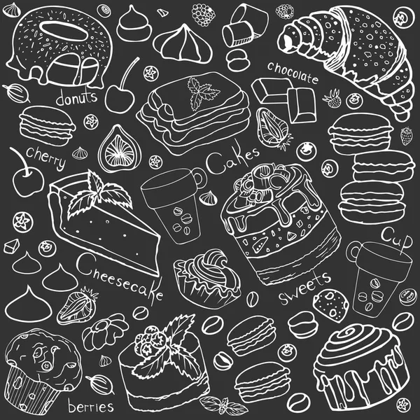 Korichnevoy 'un arka plan beyaz çizgisi üzerinde pastalar olan ustaca bir desen. Kusursuz desen elle çizilmiş. Resimdeki şekerlemeler, badem kurabiyeleri, pastalar, meyveler ve tatlılar..