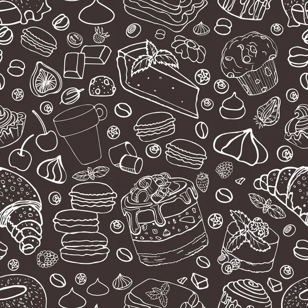 Korichnevoy 'un arka plan beyaz çizgisi üzerinde pastalar olan ustaca bir desen. Kusursuz desen elle çizilmiş. Resimdeki şekerlemeler, badem kurabiyeleri, pastalar, meyveler ve tatlılar..