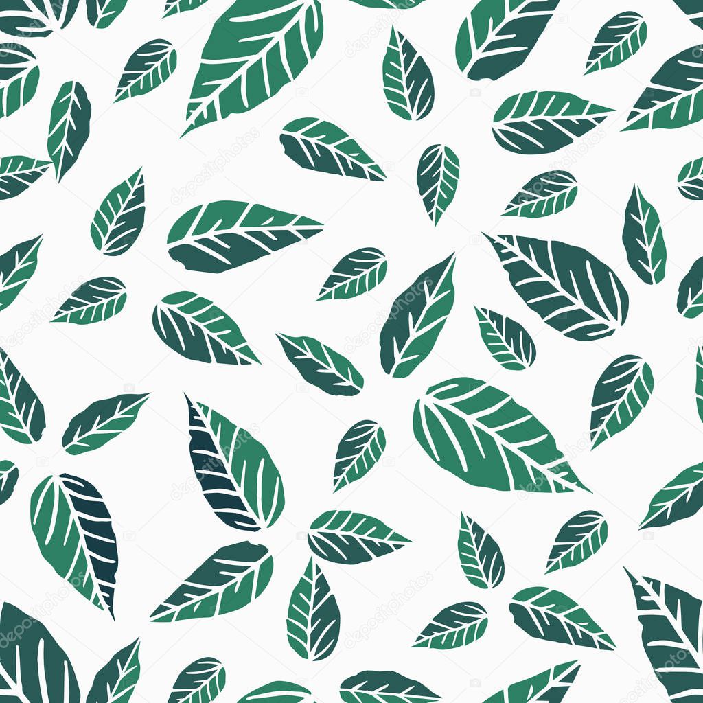 Seamless pattern with leaves of green bay leaves on a white background
