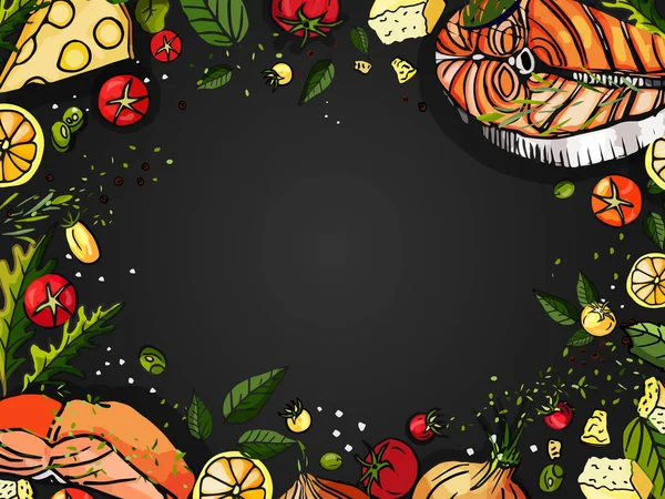 Elle çizilmiş. Üstten Görünüm, bir balık menüsünün arka planı, 