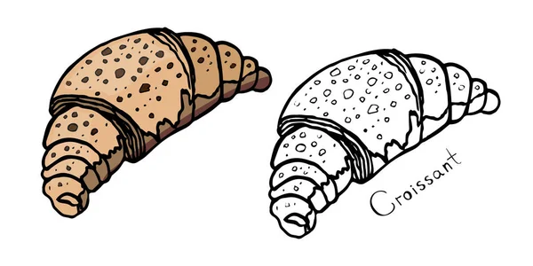 Cruasan Com Lascas Chocolate Desenhado Manualmente Croissant Colorido Com Contornos —  Vetores de Stock