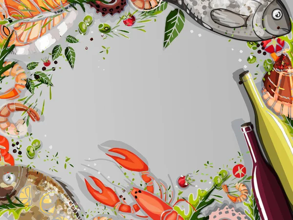 Elle çizilmiş. «Ana sayfa» görünümü, bir balık menüsünün arka planı şablonu. Balık seti: deniz ürünleri, midye, karides, roka, zeytin, biber, roka, yengeçler, biberiye, baharat, limon.