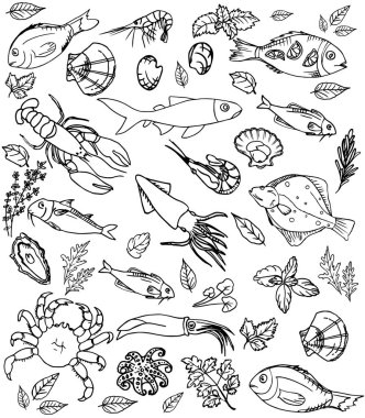 Deniz ürünleri, Balık ve yeşil kontur siyah renk beyaz ayarla