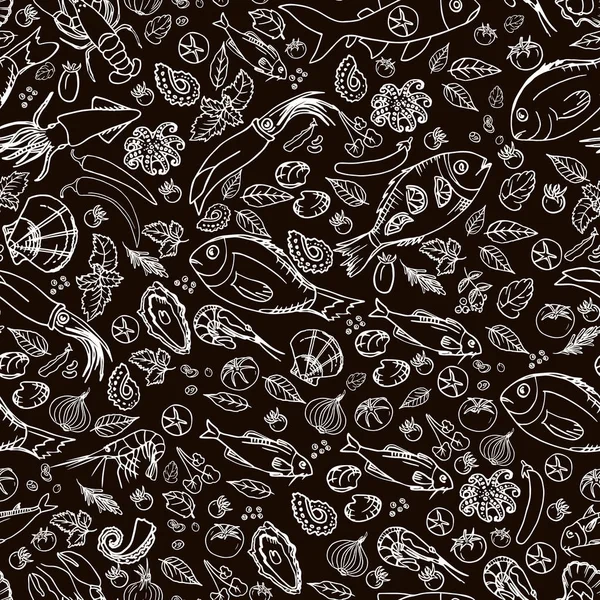 Deniz ürünleri ve balık dağılımı bir kahverengi zemin üzerine desen. 