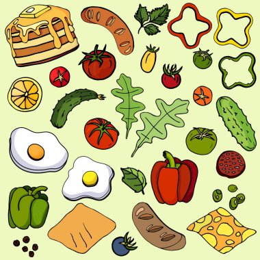 Kahvaltı için yeşil bir arka plan üzerinde ayarlayın. El ile oluşturulan! 