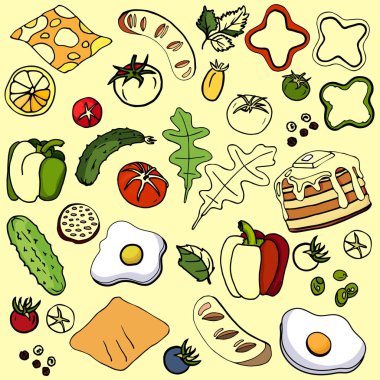 Kahvaltı için sarı bir arka plan üzerinde ayarlayın. El ile oluşturulan!