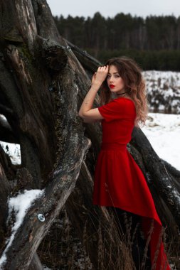 Kırmızı elbiseli cadı kız doğrudan kameraya bakıyor. Nikola-Lenivets parkında Mayak sanat enstalasyonunun yanında..