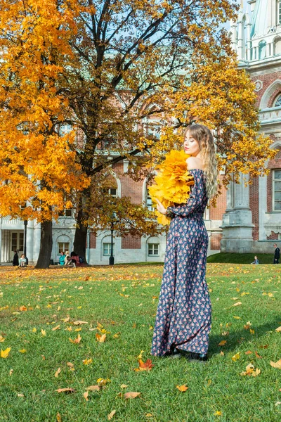 Bella Ragazza Con Foglie Autunnali Ottobre Foto Autunno — Foto Stock