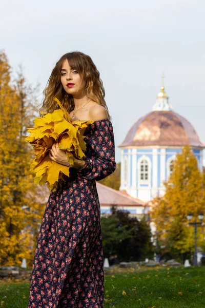 Hermosa Chica Con Hojas Otoño Octubre Fotos Otoño —  Fotos de Stock