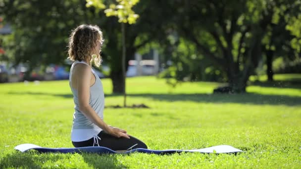 Junge Frau übt Yoga im Park, gesundes Lebensstilkonzept — Stockvideo