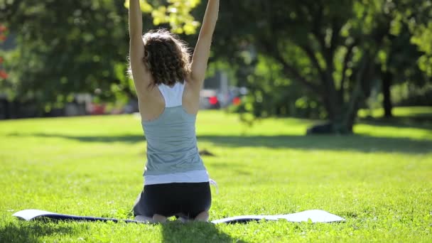 Woman exercising yoga in park on beautiful day — Stock Video