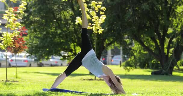 Jonge vrouw uitoefening van yoga in park, gezonde levensstijl concept — Stockvideo