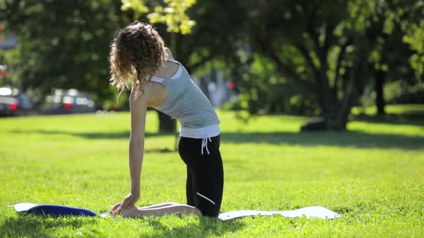Mladá žena udělat jóga cvičení v parku, koncept zdravého životního stylu — Stock video