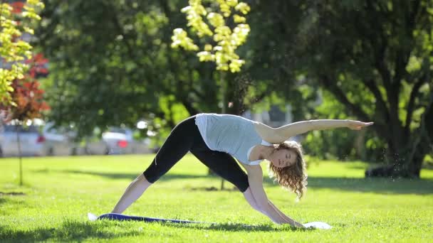 Mujer joven hace ejercicio de yoga en parque, concepto de estilo de vida saludable — Vídeo de stock