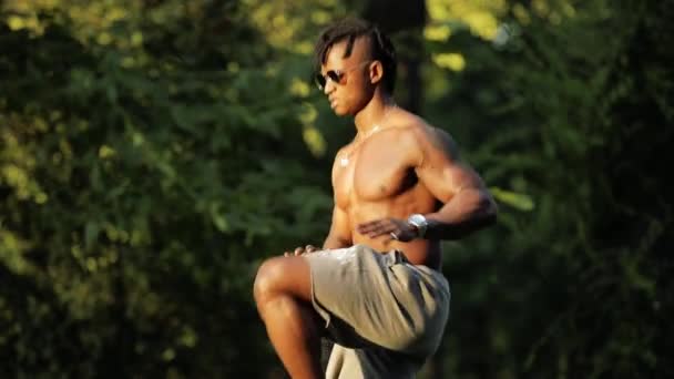 Musculoso negro africano hombre entrenamiento ejercitarse en un parque — Vídeos de Stock