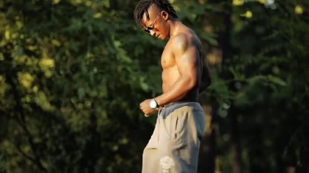 Musclé noir homme africain séance d'entraînement exercice dans un parc — Video