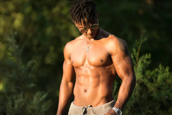 Africano Macho Homem Fisiculturista Topless Com Tronco Parque — Fotografia de Stock