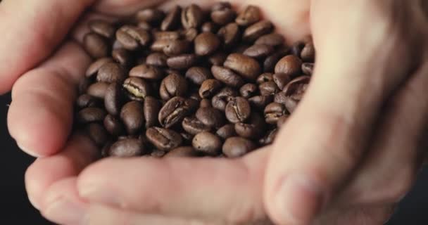 Male hands strewing harvest coffee granules from palm — Stock Video