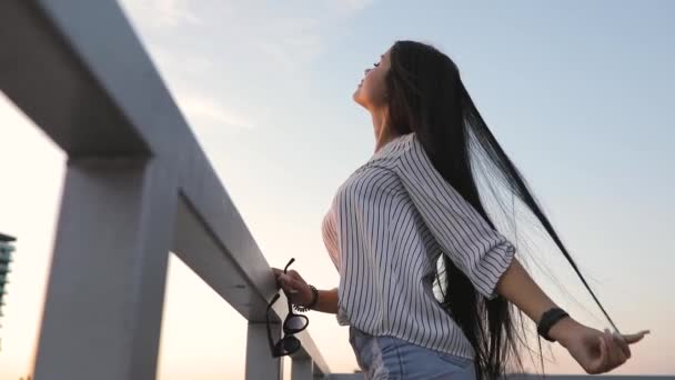 Mulher bem tratada tocando seu belo cabelo no telhado ao pôr do sol — Vídeo de Stock