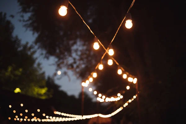 Garland Lamput Valot Ulkona Illalla Koristeet Puussa — kuvapankkivalokuva